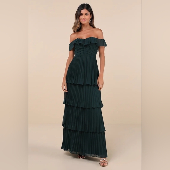 Lulus Always Remarkable Emerald Pleated Off-the-Shoulder Maxi Dress Wedding - Picture 2 of 8